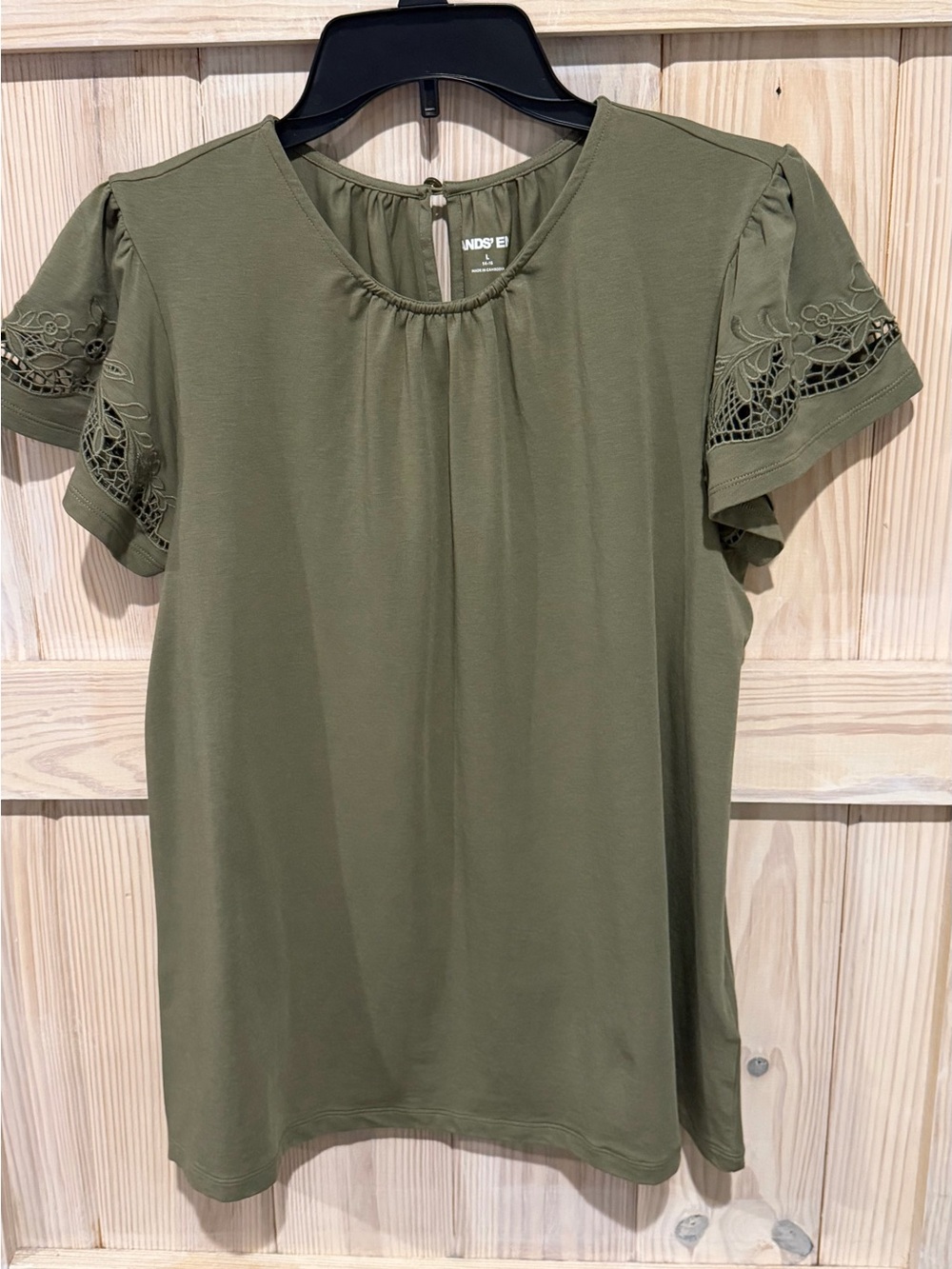 Land’s End Women's Olive Green Short Sleeve Top with Lace Detail